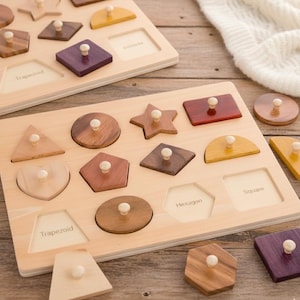 Montessori Wooden Shape Puzzle for Toddlers Geometric Peg Board Toy Natural Wood