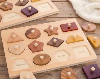 Montessori Wooden Shape Puzzle for Toddlers Geometric Peg Board Toy Natural Wood
