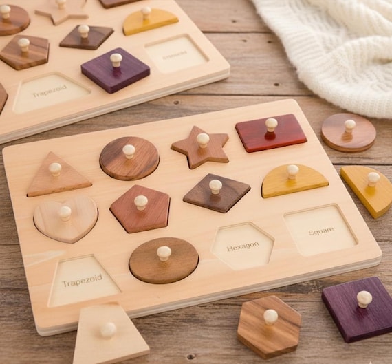 Montessori Wooden Shape Puzzle for Toddlers Geometric Peg Board Toy Natural Wood