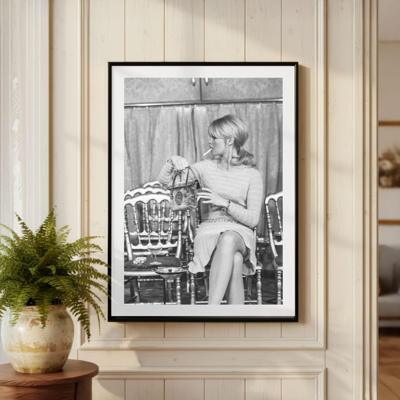 Vintage Brigitte Bardot Smoking Print, Black and White Fine Art Photography Wall Art, Model Fashion Decor, Luxury Glamour Society image 1