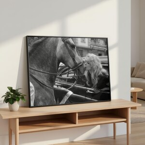 以下が含まれることがあります： 馬と、馬の鼻にキスをしている人物が写った白黒の額入りプリント。馬は手綱を着用しています。プリントは、小さな鉢植えの植物が置かれた明るい木製のコンソールテーブルに飾られています。