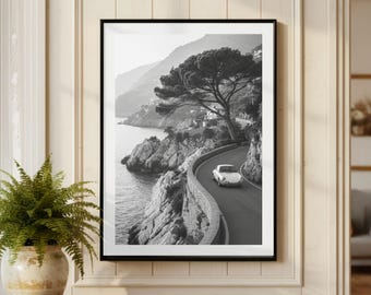 Lámina vintage de Porsche 911 de la Costa Amalfitana, Italia, fotografía artística para pared, decoración en blanco y negro con marco, póster monocromático de lujo.