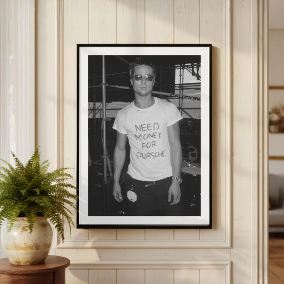 Vintage Brad Pitt Need Money For Porsche Print, Celebrity Icon Poster, Black & Fine Art Movie Photography, Luxury Fashion Wall Art
