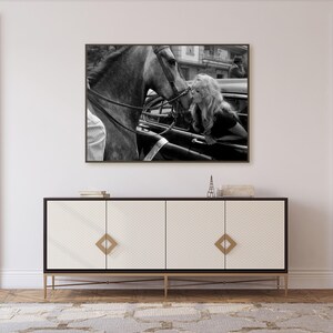 以下が含まれることがあります： 女性が馬にキスをしている白黒プリント。プリントは、金色の金具が付いた白と黒のキャビネットの上にあります。小さなエッフェル塔の置物がキャビネットの上にあります。