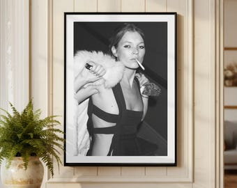 ヴィンテージのケイト・モスの喫煙プリント、白黒のファインアート写真のウォールアート、モデルファッションの装飾、ラグジュアリーな魅力あふれる社会
