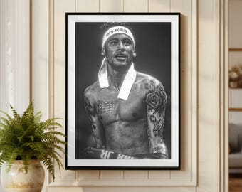 Neymar Jr Poster, Motivational Sports Print, Football Wall Art, Vintage Athlete Legend Decor, Black and White Soccer Framed Decor