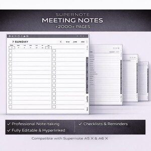 May include: Digital meeting notes interface with the text "SUPERNOTE MEETING NOTES +2000+ PAGES". The interface displays a calendar view with checkboxes and the date "7 SUNDAY JUNE 2025". Additional interfaces are in the background. Features include professional note-taking, checklists, and reminders.