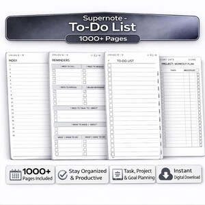 May include: A Supernote To-Do List with over 1000 pages. The planner includes sections for index, reminders, and to-do lists. Features include task, project, and goal planning, with an instant digital download.