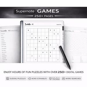 May include: A digital puzzle book with the text "Supernote GAMES" and "250+ PAGES." The open pages display Sudoku and word search puzzles. A black stylus rests on the open book. The bottom text reads "ENJOY HOURS OF FUN PUZZLES WITH OVER 250+ DIGITAL GAMES."