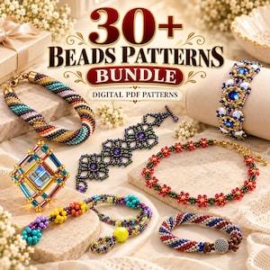 May include: A collection of beaded jewellery including a multi-coloured spiral rope bracelet, a blue and gold crystal cuff, a floral red and green necklace, a geometric blue glass pendant, and a red, white, and blue striped bracelet with text 30+ BEADS PATTERNS BUNDLE DIGITAL PDF PATTERNS.
