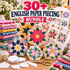May include: A craft bundle featuring English paper piecing templates, fabric stacks, and finished hexagonal quilt blocks with floral and geometric patterns. Includes a printed instruction sheet, gold scissors, white paper shapes, and thread spools.
