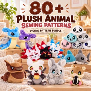 Puede incluir: Un paquete digital de más de 80 patrones de costura para animales de peluche que incluye varias criaturas como un dragón azul, una criatura morada, zorros de varias colas, focas, tiburones, un búho, un personaje blanco con cuernos y un conejo.