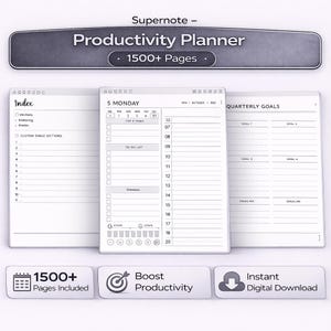 Puede incluir: Un planificador de productividad digital con más de 1500 páginas. El planificador incluye secciones para listas de tareas diarias, objetivos trimestrales y un índice. La imagen también incluye iconos de productividad y descarga digital.