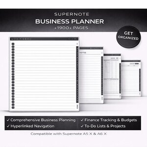 May include: A Supernote Business Planner with over 1900 pages. The image shows several digital planner pages with lined and grid layouts. Features include comprehensive business planning, finance tracking, and to-do lists. The planner is compatible with Supernote A5 X & A6 X.