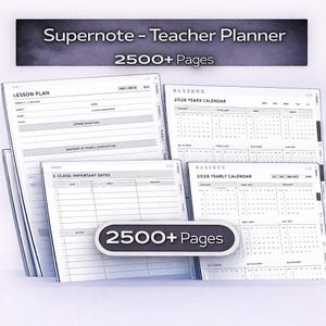 May include: A teacher planner with the text "Supernote - Teacher Planner" and "2500+ Pages". The planner includes lesson plans, calendars, and a section for important dates. The pages are white with black text.