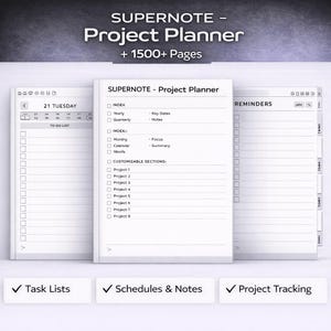 May include: A project planner labelled "SUPERNOTE - Project Planner + 1500+ Pages." The planner includes sections for task lists, schedules, notes, and project tracking. It features customisable sections for project organisation and a detailed index.