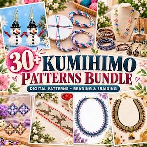 May include: A digital bundle of 30+ Kumihimo patterns featuring various beaded jewelry items including snowman earrings, braided bracelets, necklaces, and reindeer-patterned beadwork. The text reads 30+ KUMIHIMO PATTERNS BUNDLE DIGITAL PATTERNS BEADING & BRAIDING.