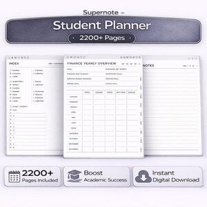 Könnte beinhalten: Ein digitaler Studentenplaner mit einem klaren, minimalistischen Design. Der Planer enthält einen Index, eine jährliche Finanzübersicht und Notizseiten. Das Bild zeigt auch den Text "2200+ Seiten enthalten", "Akademischen Erfolg steigern" und "Sofortiger digitaler Download".