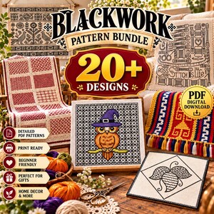 Könnte beinhalten: Ein digitales Bündel von Blackwork- und Kreuzstichmustern mit über 20 Designs. Die Sammlung umfasst verschiedene bestickte Textilien, eine zentrale Eule mit violettem Hut und ein Blattmotiv, alles als digitaler PDF-Download erhältlich.
