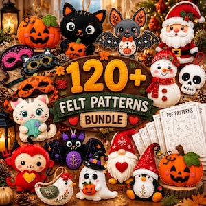 Pode incluir: Uma coleção de ornamentos de feltro incluindo abóbora, gato preto, morcego, Papai Noel, boneco de neve, caveira, gato, diabo, fantasma, gnomo e pinguim, com uma placa central 120+ FELT PATTERNS BUNDLE e folhas de instruções em PDF.