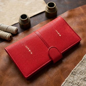 Genuine Red Stingray Leather Long Wallet: Handcrafted Cowhide Clutch Purse