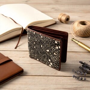 Peut inclure: Un portefeuille à deux volets avec un extérieur moucheté noir et blanc et un intérieur marron. Le portefeuille est ouvert, révélant l'intérieur. Un carnet en cuir marron, un stylo et de la ficelle sont en arrière-plan.