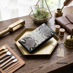 Portafoglio lungo in vera pelle di pitone, pochette con cerniera in pelle esotica (18 cm)