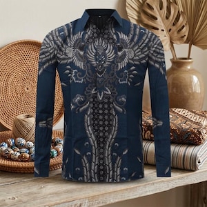 Handmade Indonesian Batik ,Elegant Navy Blue Pattern Cotton Formal Shirt with Lining, Ethnic Gif
