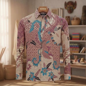 May include: A long-sleeved button-down shirt with a detailed batik pattern. The shirt features a beige base with intricate designs in shades of purple, teal, and blue. The word "HANDMADE" is visible on the hanger.