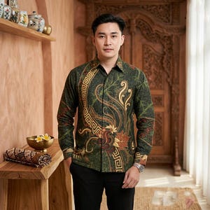 Puede incluir: Una camisa de manga larga con botones en color verde oscuro que presenta un patrón detallado estilo batik con motivos florales dorados y marrones, y un borde de greca prominente a lo largo de la tapeta frontal y el pecho.