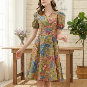 asian midi dress Coeqine Casual Loose Dress for Women 3/4 Sleeve V-Neck Wrap, Bohemian Asian Oversized Midi Tunic Sundress Linen-Look Polyester Comfortable Day Dress,