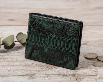 ハンドメイドグリーンパイソンスキン二つ折り財布、エキゾチックレザー