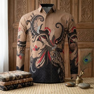 Può includere: Una camicia a maniche lunghe con bottoni in una tonalità marrone chiaro, caratterizzata da un motivo dettagliato di uccelli e fiori in nero, bianco e rosso. La camicia presenta un colletto a punta, un'abbottonatura frontale e un taschino.