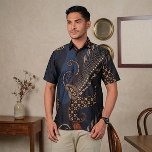 Kurzarm-Batikhemd für Herren, handgefertigt aus indonesischer Baumwolle, hochwertiges Ethno-Hemd mit Motiv, modernes, formelles Sommeroberteil