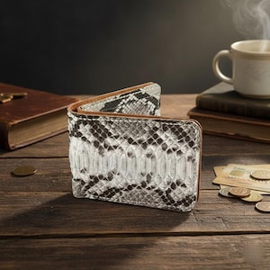 Könnte beinhalten: Ein zweifach gefaltetes Portemonnaie mit Schlangenmuster in Grau- und Weißtönen, offen, um das Innere zu zeigen. Das Portemonnaie liegt auf einer Holzoberfläche mit einer Tasse Kaffee, Büchern und Münzen.
