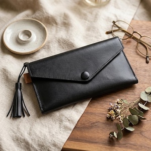 Genuine Leather Long Wallet for Women, Slim Cowhide Clutch Purse, Minimalist Card Slots