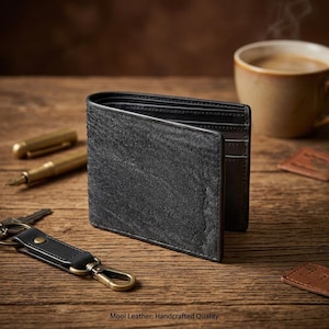 Op de afbeelding: Een zwarte bi-fold portemonnee met een getextureerd oppervlak en zichtbare stiksels langs de randen. De portemonnee is geopend en toont interne kaartsleuven en vakken. De tekst Mool Leather: Handcrafted Quality staat onderaan gedrukt.
