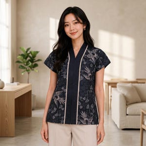 May include: A short-sleeved dark navy blue top featuring a V-neckline with light beige trim. The fabric is decorated with a repeating pattern of stylised birds and floral motifs in shades of light grey and white. The top is paired with beige trousers.
