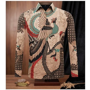 Può includere: Una camicia a maniche lunghe con sfondo beige e un dettagliato disegno di fenice in verde acqua, rosso e nero. La camicia presenta un colletto e polsini classici, con motivi intricati sulle maniche e sul corpo.