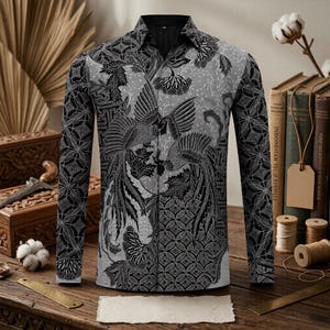 Puede incluir: Una camisa de manga larga con cuello y puños negros. La camisa presenta un detallado estampado floral y de pájaros en negro y gris. El diseño incluye un gran motivo de pájaro en la parte delantera y trasera, con intrincados patrones florales en las mangas.