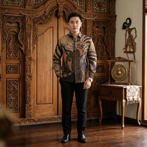 Tradycyjna indonezyjska koszula męska w batik Lurik, podszyta bawełną, kremowa, etniczna, jawajska, dopasowana