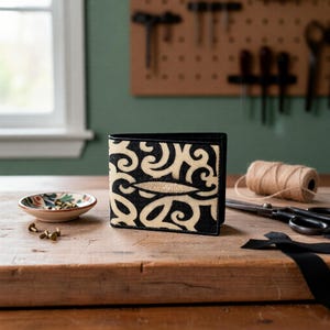 May include: Black and cream-colored wallet with an intricate swirling pattern. The wallet has a black border and a light-colored stingray leather accent. The wallet is displayed on a wooden surface with a small dish and tools.