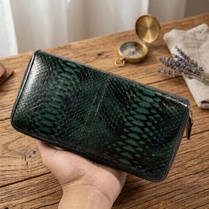 Genuine Python Skin Wallet, Dark Green Snake Leather Purse, Exotic Luxury Handcrafted Long Wallet