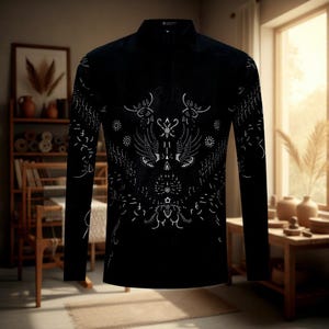 May include: Black long-sleeved shirt with a high collar and a detailed white pattern. The design features symmetrical avian and floral motifs. The shirt's fabric appears to be a soft, comfortable material, suitable for casual wear.