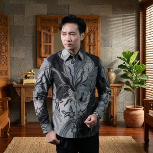 Puede incluir: Una camisa de manga larga con botones que presenta un patrón batik monocromático en gris y negro con intrincados motivos florales y de aves, un cuello estándar y una tapeta frontal abotonada, combinada con pantalones negros lisos.