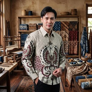 Camicia da uomo a maniche lunghe in batik: motivo Gurda, cotone indonesiano, vestibilità moderna.