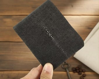 Cartera plegable de piel de raya hecha a mano, piel de tiburón exótica, regalo para él