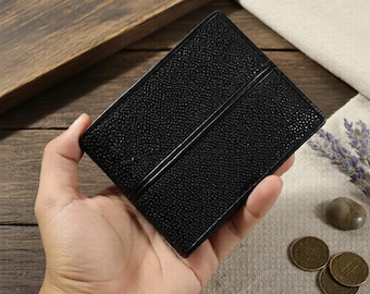 Handmade Black Stingray Leather Bifold Wallet, Exotic Shagreen Purse