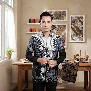 May include: A black long-sleeved shirt with a white and blue batik pattern. The shirt has a button-down design and a detailed floral and geometric print. The background includes framed artwork and a wooden table.