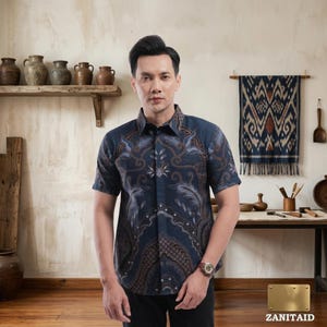 Puede incluir: Una camisa de manga corta con botones en color azul oscuro que presenta un detallado patrón batik con motivos de hojas y formas geométricas en tonos azul claro y marrón. La camisa cuenta con un cuello clásico y una tapeta frontal.